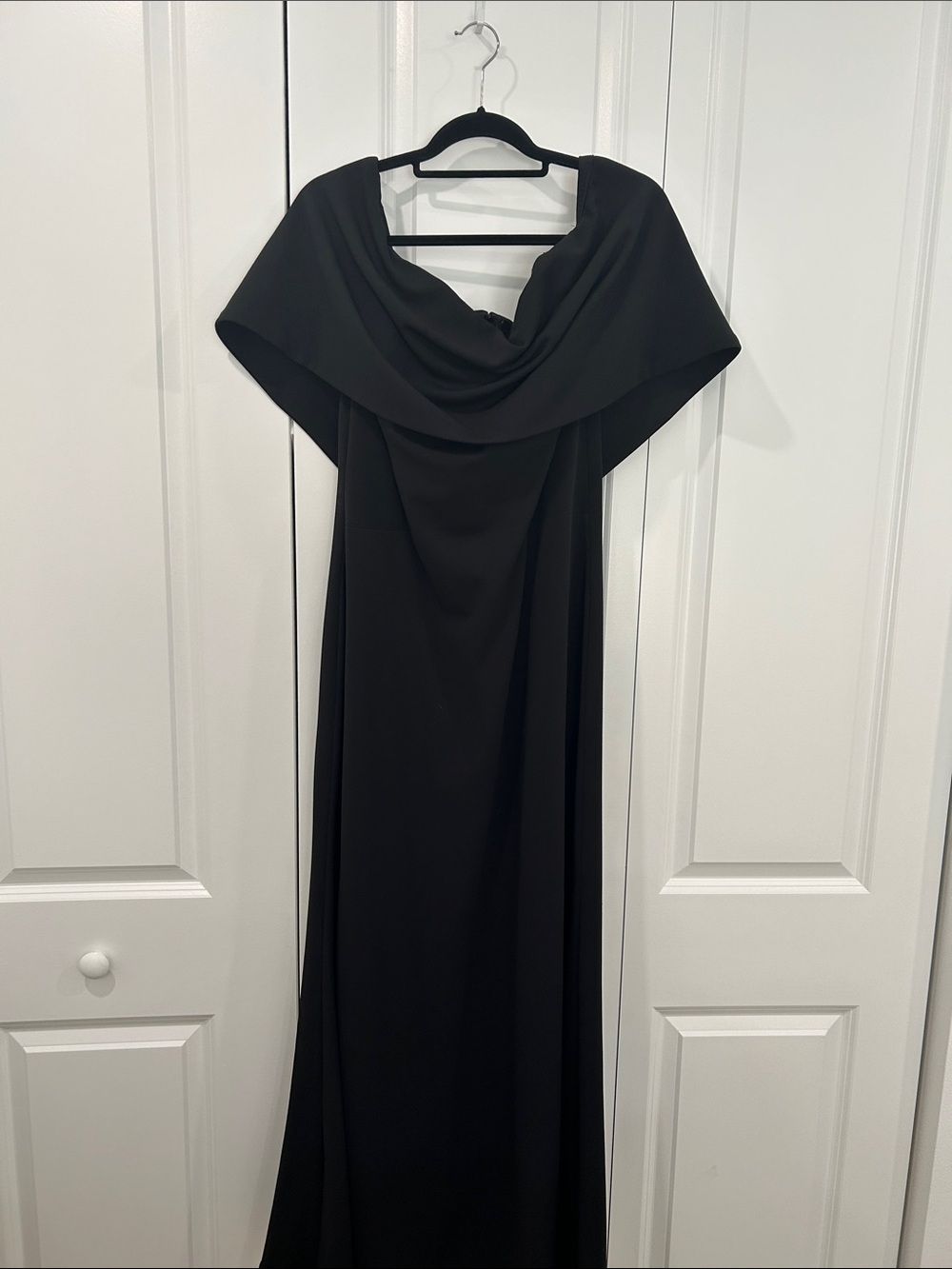 La Femme Black Draped Cowl-Off Shoulder Maxi Gown